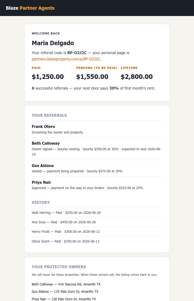 Partner portal: earnings paid and pending, referrals by stage, protected owners